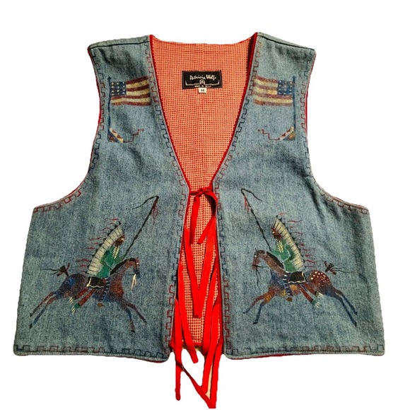 VTG Patricia Wolf Denim Vest Size M Red Gingham Hand Painted American Indian - Picture 3 of 10